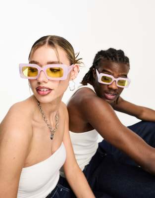 Aj Morgan Chunky Rectangle Sunglasses With Yellow Frame In Purple