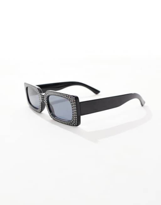 AJ Morgan embellished festival rectangle sunglasses in black, 2 of 4