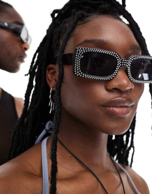 AJ Morgan embellished festival rectangle sunglasses in black, 3 of 4