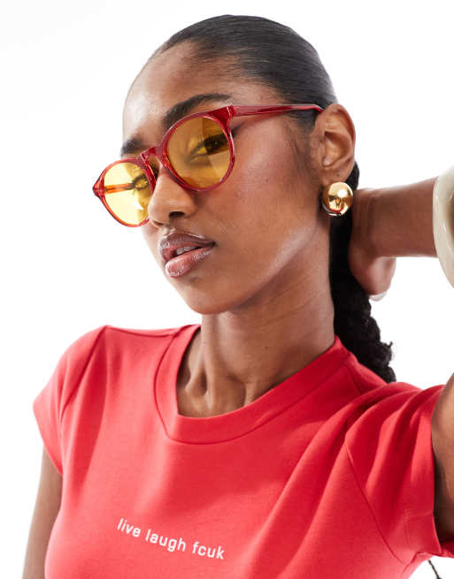 AJ Morgan grad school round sunglasses in burgundy with yellow lens 