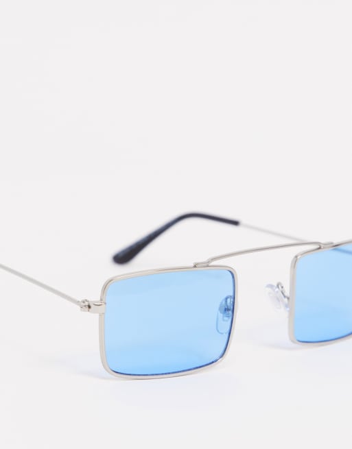 Aj Morgan Schmale Sonnenbrille In Silber Mit Eckigen Blauen Glasern Asos