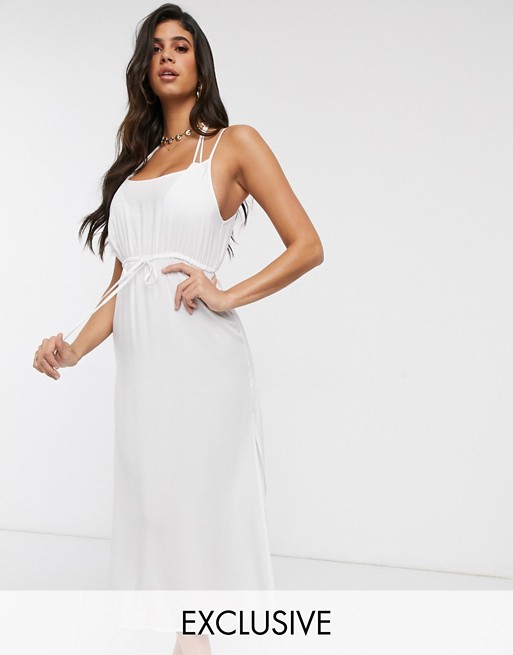 Akasa Exclusive midi beach dress with ruche detail in white