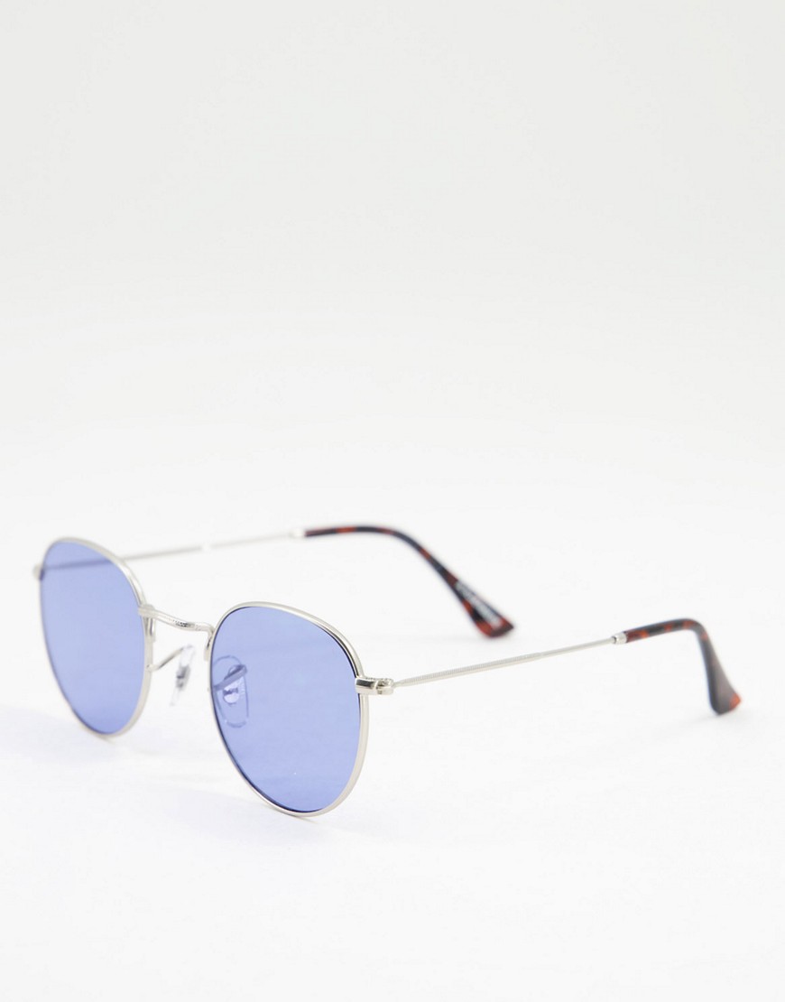 A.Kjaerbede - Hello - Ronde uniseks zonnebril in zilver met blauwe glazen