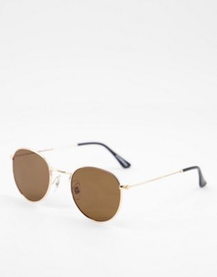 A.kjaerbede Hello Unisex Round Sunglasses In Gold With Brown Lens