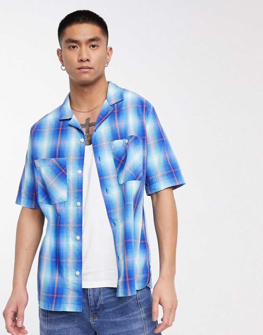 Albam Utility - Blårutig skjorta med platt krage och korta ärmar
