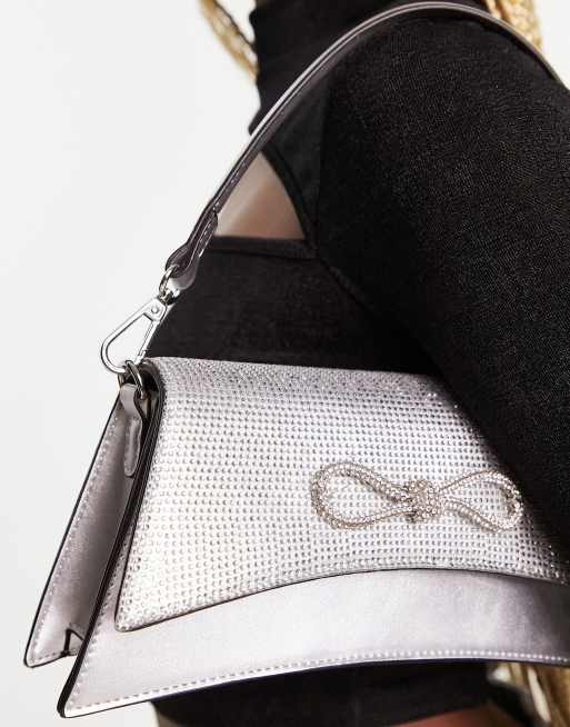 SILVER Rhinestone Embellished Bow Clutch