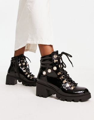 ALDO Afirasean heeled hiker boots with faux pearl details in black patent | ASOS