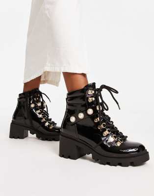 ALDO Afirasean heeled hiker boots with faux pearl details in black patent | ASOS