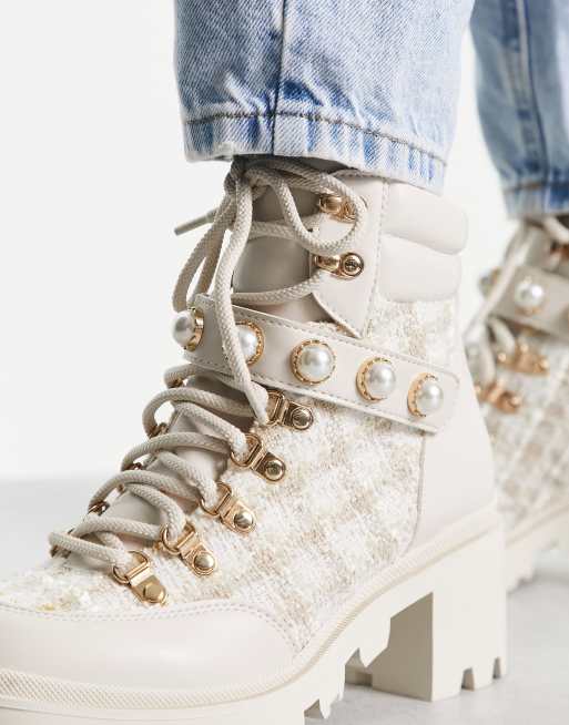 ALDO Afirasean heeled hiker boots with pearl details in white