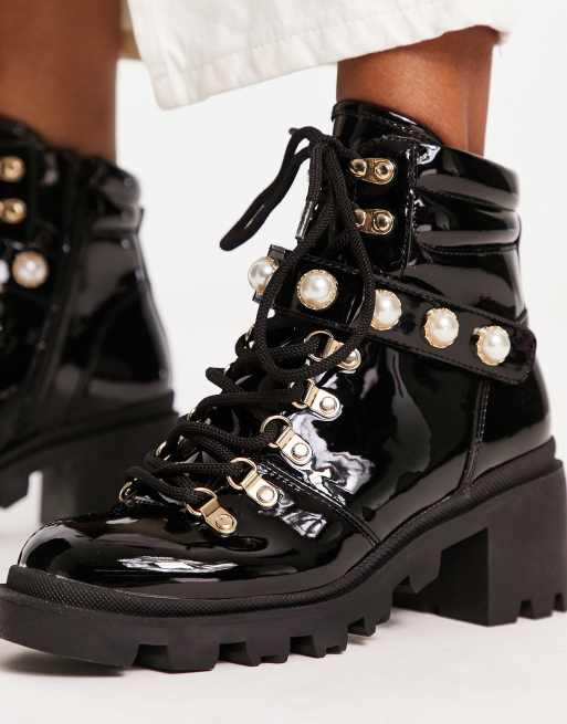 ALDO - Afirasean - Scarponcini stile trekking con tacco e finte perle nero verniciato , 3 di 4
