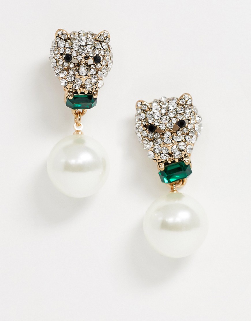 ALDO Alverstone panther and faux pearl earrings-Clear