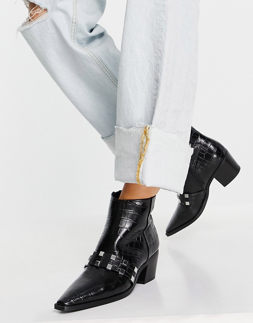 ALDO – Ambara – Svarta krokodilskinnsmönstrade boots med nitar-Blå