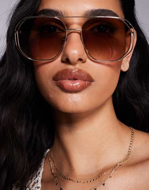 ALDO Areanwan hex aviator sunglasses in brown and gold - view 1
