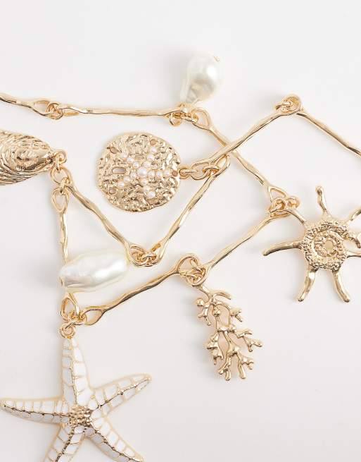 ALDO – Beach Treasure – Guldfärgat halsband med havsdjur och fuskpärlor, 3 av 4