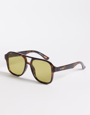 ALDO ALDO billiee aviator sunglasses with gold lenses in tort brown