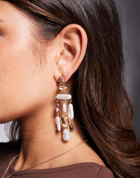 ALDO bowe statement crystal and pearl drop earrings in gold - view 1
