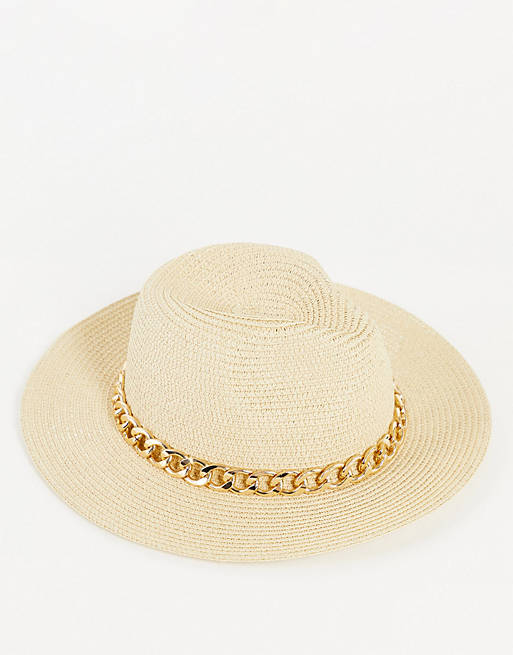 ALDO Broeni straw panama hat with chain in beige and gold