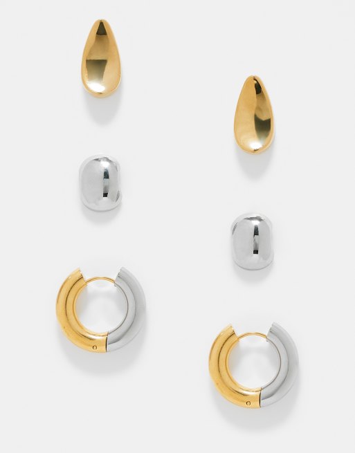 ALDO - Confezione da 3 orecchini a cerchio spessi in acciaio inossidabile color oro e argento