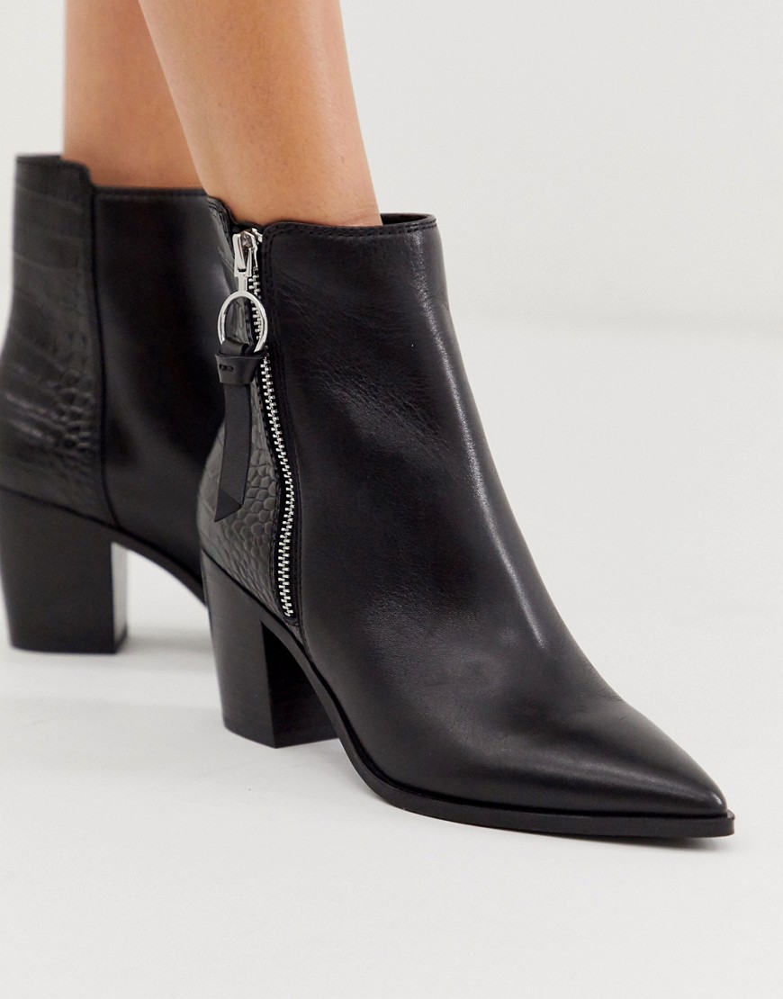 ALDO Croc Print Mix Leather Mid Heel Boot-Black