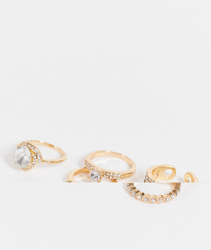 Aldo Crohatlan Pack Of 5 Rings In Embellished Gold With Clear Stones