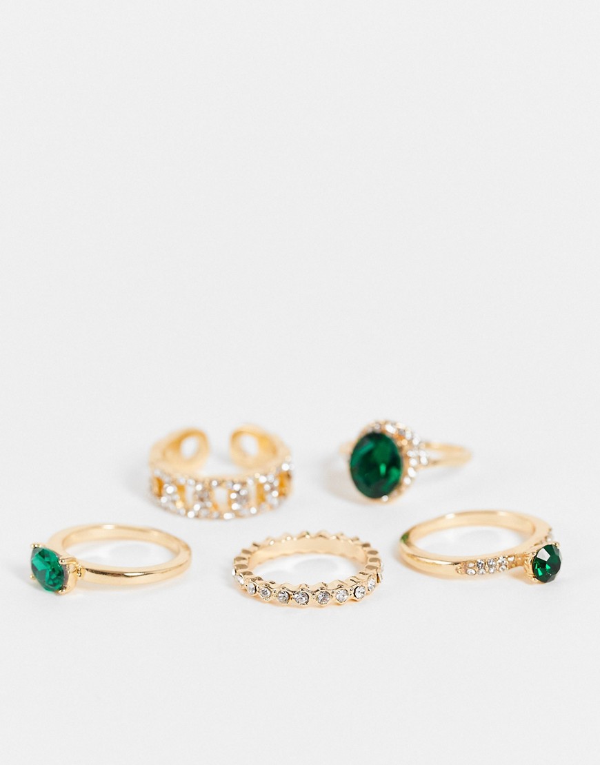 Aldo Crohatlan Pack Of 5 Rings In Gold And Emerald Green