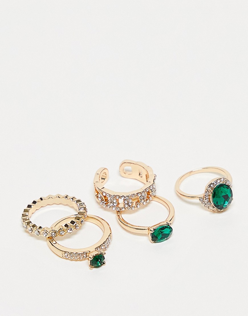 Aldo Crohatlan Pack Of 5 Rings In Gold And Green Jewels