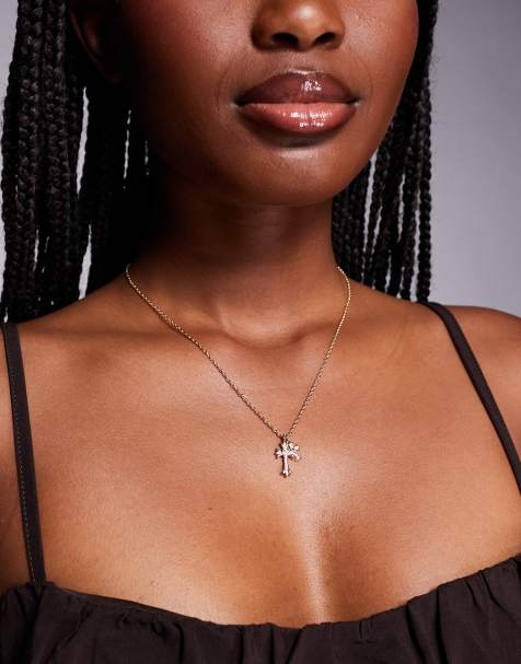 ALDO crossways dainty crystal cross necklace in gold - view 1