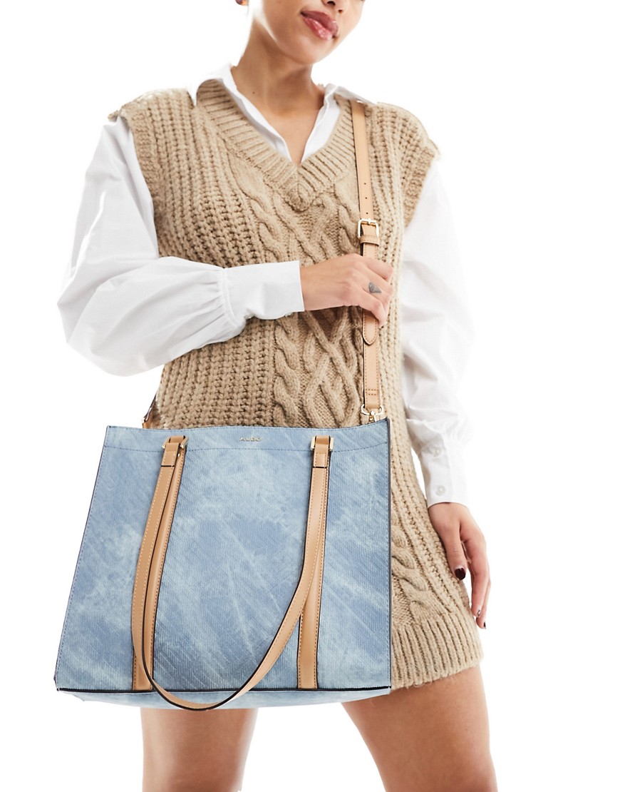ALDO denim tote bag with contrast tan straps-Blue