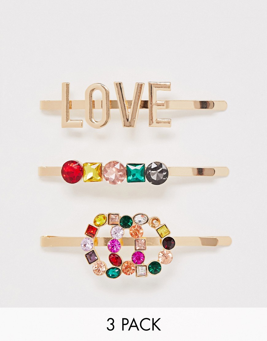 ALDO Devoa rainbow colour love and diamante 3 clip multipack-Gold