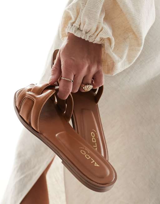 ALDO – Elanaa – Brązowe płaskie sandały z pikowanej skóry , 3 z 4