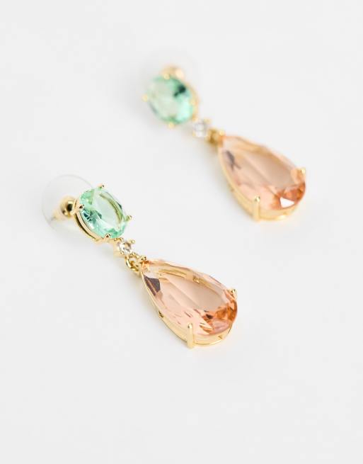 ALDO Elanassi drop earrings in gold with pink and green crystal | ASOS