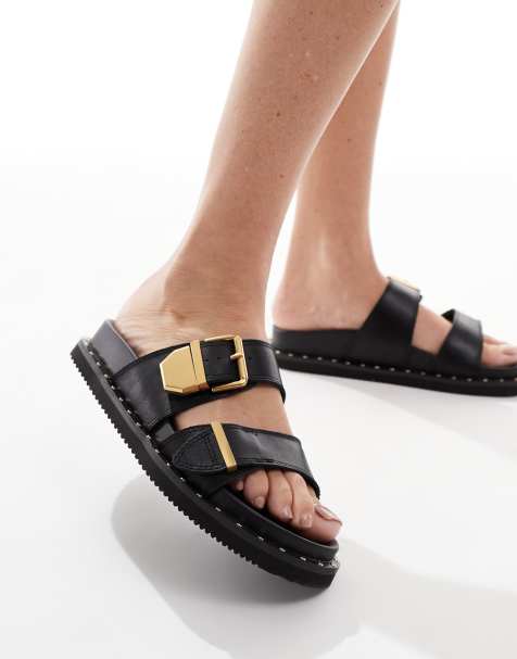 ALDO Elyna double buckle footbed sandals in black faux leather - view 1