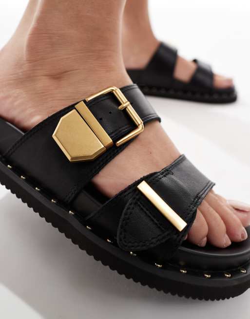 ALDO Elyna double buckle footbed sandals in black faux leather ASOS