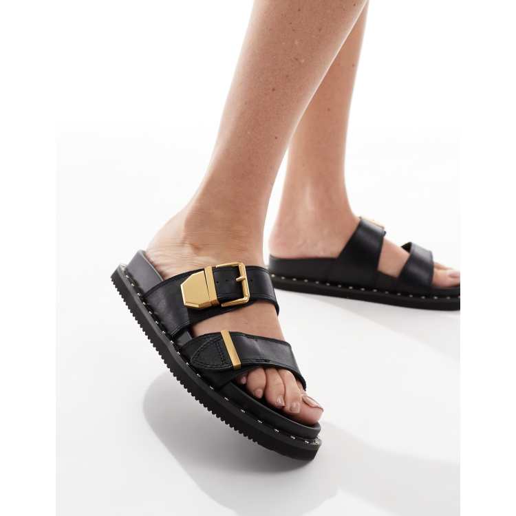 ALDO Elyna double buckle footbed sandals in black leather | ASOS