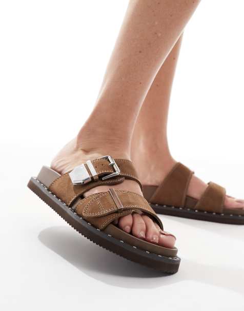 ALDO Elyna double buckle footbed sandals in tan leather - view 1