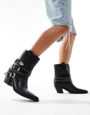 ALDO Emberlynx studded buckle western boots in black leather croc