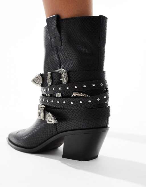 ALDO Emberlynx Westernstiefel aus schwarzem leder in Lackoptik mit Nieten und Schnallendesign ASOS