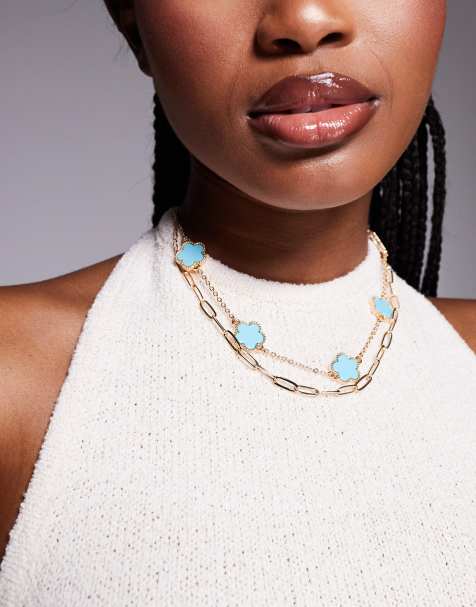 ALDO - Feelin Blue - Meerlaagse choker ketting met klaver-hangertjes in turquoise en goud - view 1