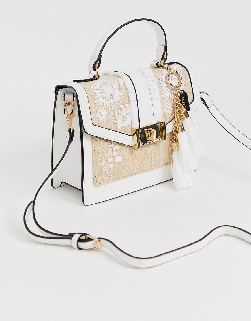 Aldo Floral AppliqueS Straw Top Handle Bag-White
