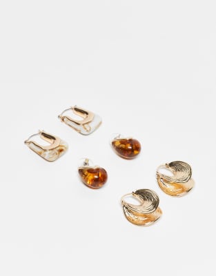 ALDO ALDO gligoni pack of 3 earrings in gold and brown resin