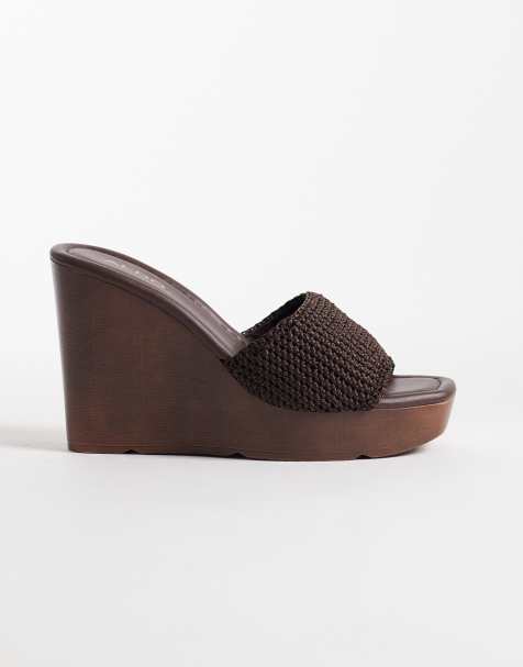 Aldo Grounded crotchet wedge heeled sandals in dark brown  - view 1