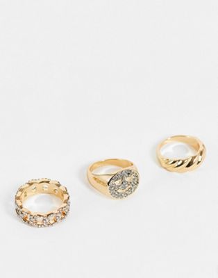 ALDO Haia pack of 3 happy face rings in gold diamante