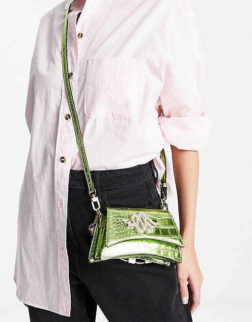 ALDO Kazia snake embellished crossbody bag in green metallic | ASOS