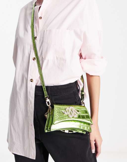 ALDO – Kazia – Zielona metaliczna torebka crossbody ze zdobieniem w kształcie węża