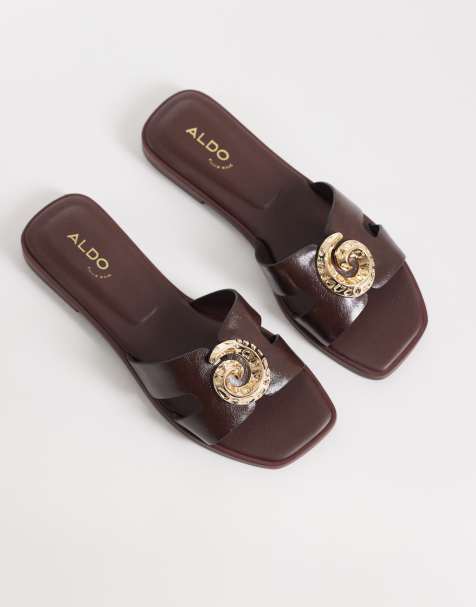 Aldo - Khali - Platte sandalen met versiering in donkerbruin - view 1