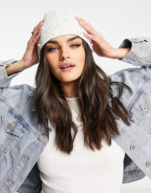 Aldo knitted embellished beanie in white