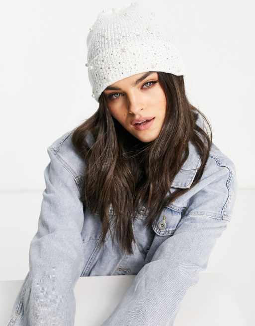 Aldo knitted embellished beanie in white ASOS