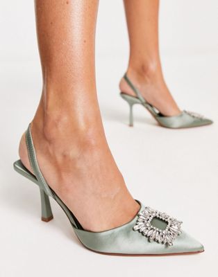ALDO Lareine heeled slingback shoes with embellished front in pale green - ASOS Price Checker