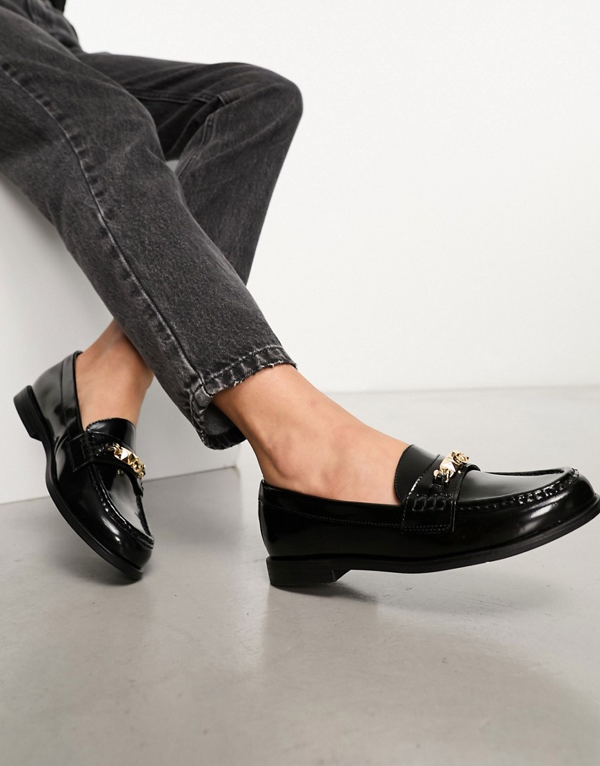 Shop Aldo Laurea Loafers With Gold Trim In Black Leather