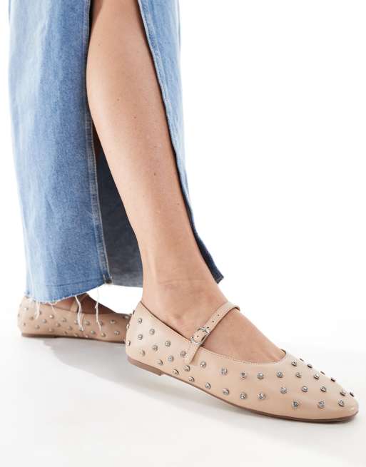 ALDO – Marylina – Beige ballerinaskor i läder med nitar och spänne